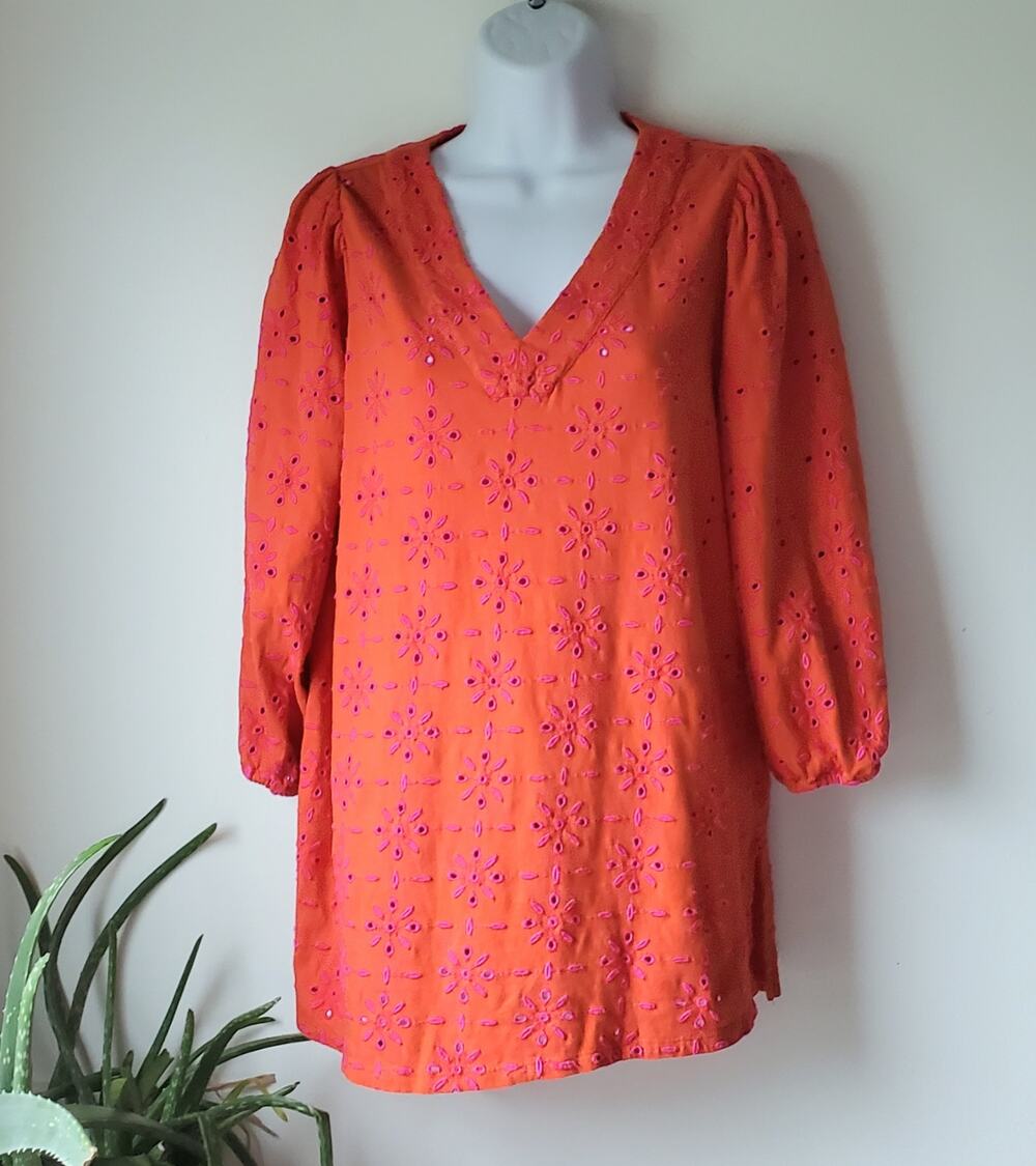J.Jill Womens Orange Cotton 3/4 Sleeve Embroidered Top Size XS Boho Preppy Artsy